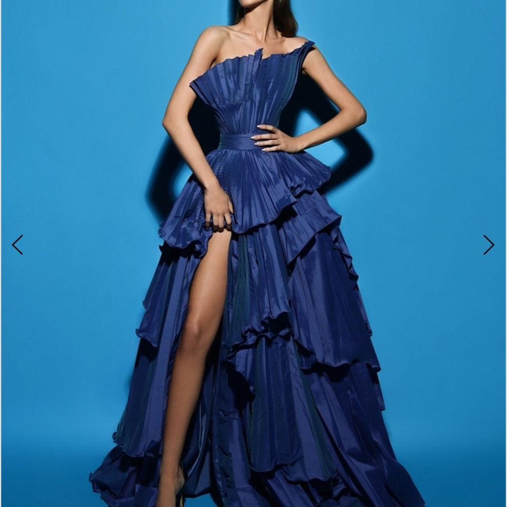 Tarik Ediz Blue One Shoulder Gown for Prom